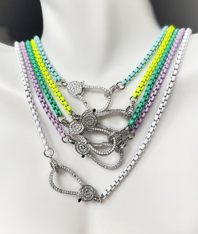 Pave Colorful Box Chain Necklace Magnetic Closure