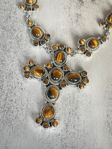 Sterling Silver Tigers Eye Statement Cross Necklace