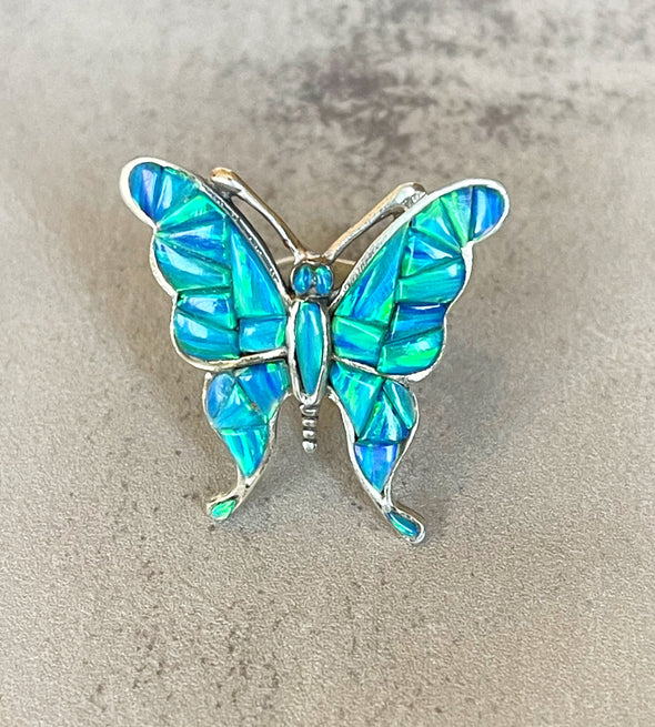 Sterling Silver Opal Artisan Inlay Handmade Butterfly Rinh