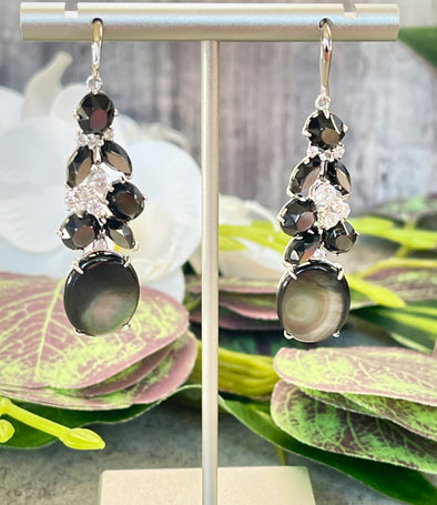 Sterling Silver Black Shell Black Tie Earrings