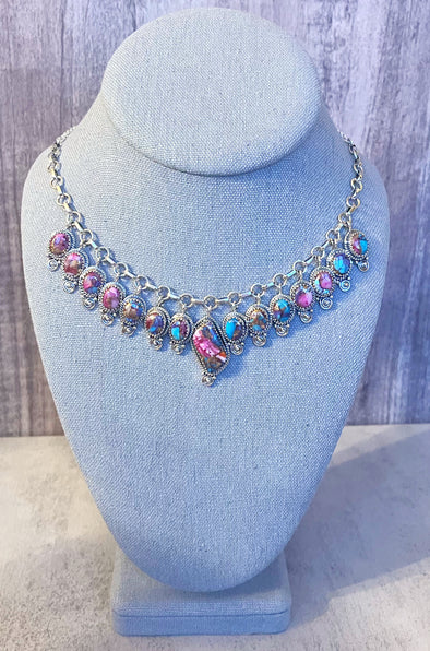 Sterling Silver Pink Dahlia Multi Stone Necklace