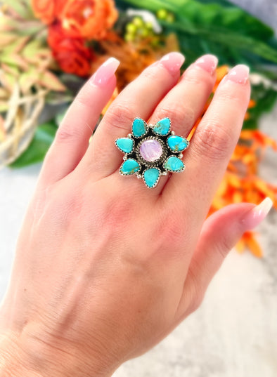 Sterling Silver Pink Moonstone Turquoise Ring