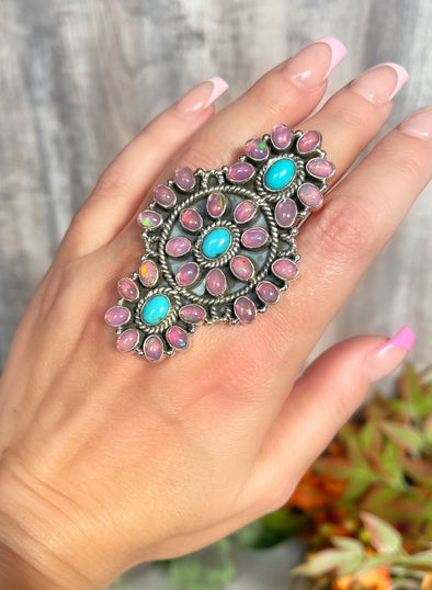 Sterling Silver Pink Ethiopian Opal/Turquoise Large Statement Cluster Ring