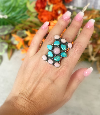 Sterling Silver Pink Opal/Turquoise Statement Ring