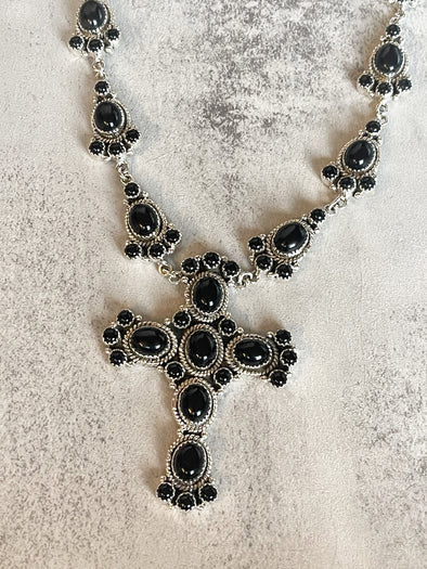 Sterling Silver Black Onyx Statement Cross Necklace