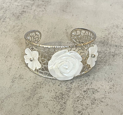 Sterling Silver White Shell Floral Open Cuff