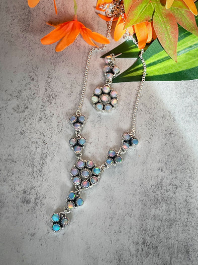Sterling Silver Aurora Opal Cluster Necklace Earrings Set