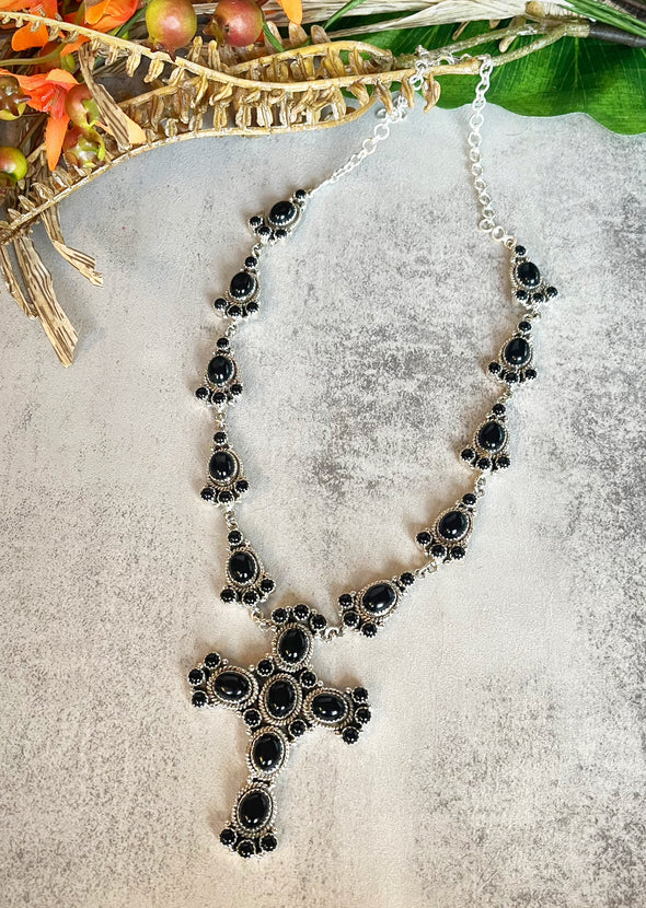 Sterling Silver Black Onyx Statement Cross Necklace