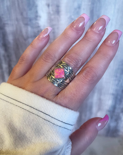 Sterling Silver Stamped Artisan Boho Ring Hot Pink Fire Opal