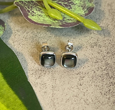 Sterling Silver Black MOP Shell Square Stud Earrings