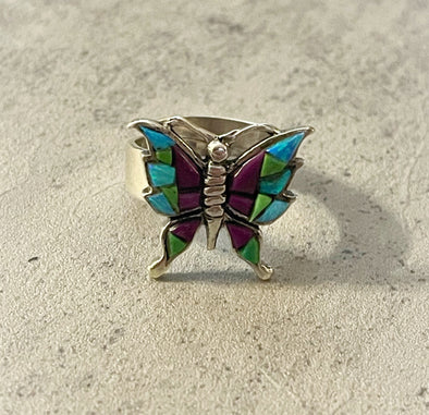 Sterling Silver Multi Turquoise Inlay Dainty Butterfly Ring