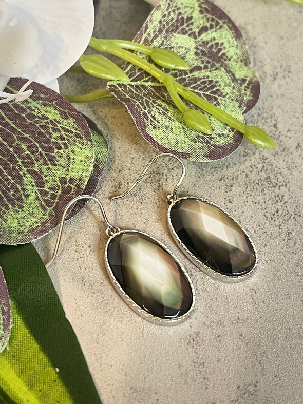 Sterling Silver Faceted Black MOP Shell Oval Artisan Earrings