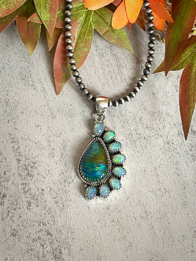 Sterling Silver Ethiopian Opal Half Blossom Tear Drop Pendant