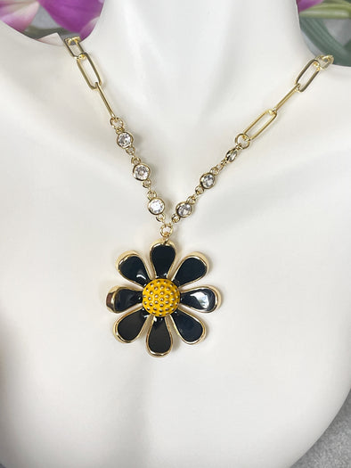 Pave Gold Black/Gold Enamel Flower