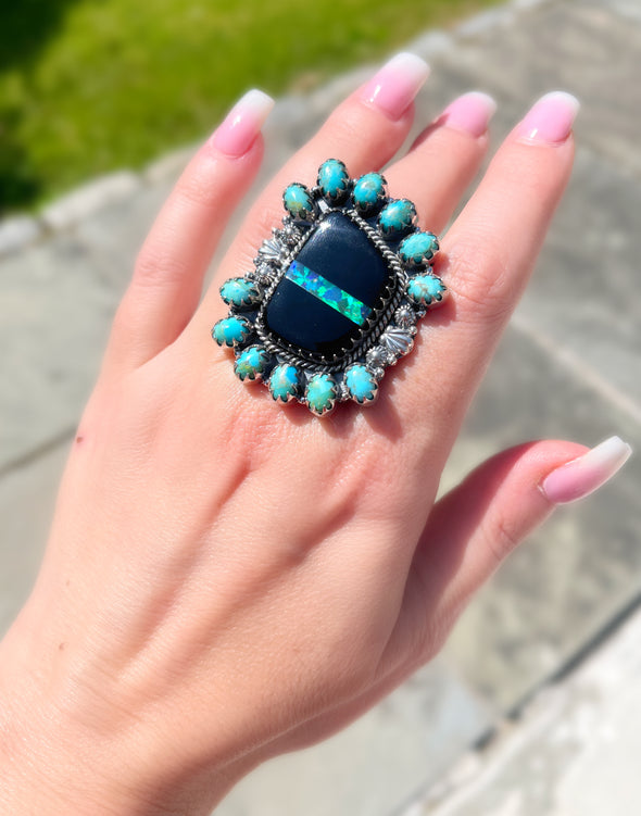 Sterling Silver Free Form Black Opalite/Kingman Turquoise Custom Ring