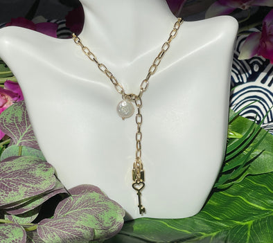 Stainless Pearl Key Lock Lariat Necklace