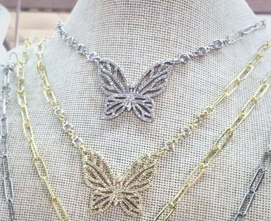 Pave Butterflies On Paperclip Chains