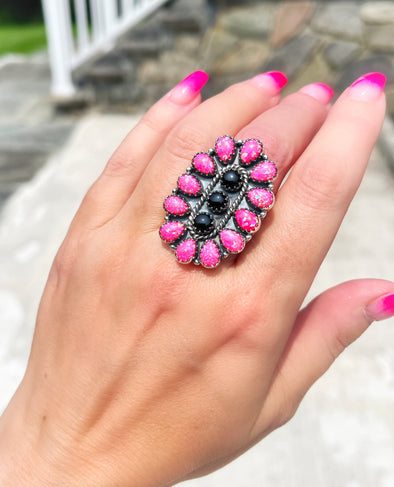 Sterling Silver Neon Pink Opal/Onyx Ring