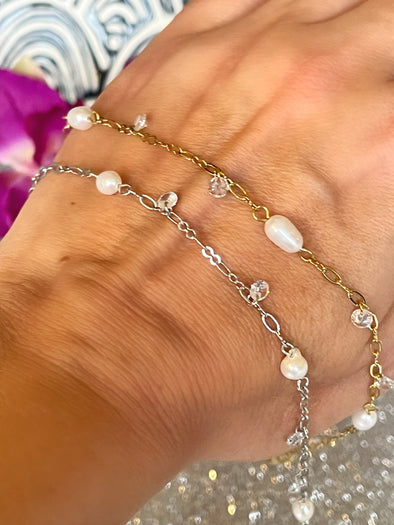 Stainless Pearl Pave Anklets