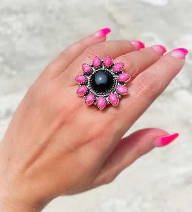 Sterling Silver Neon Pink Opal/Onyx Petal Ring