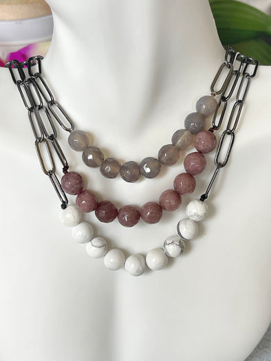 Natural Beaded Stone Paperclip Necklace