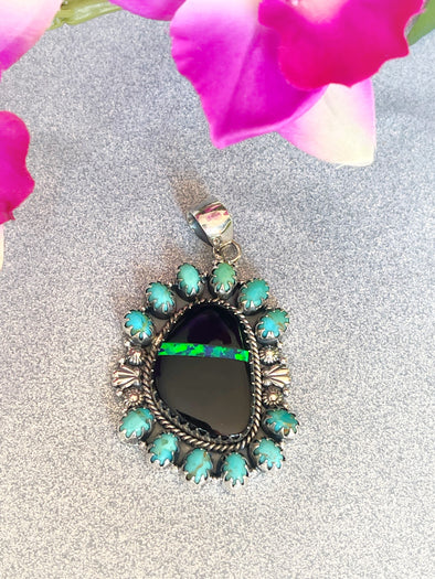 Sterling Silver Black Opalite/Kingman Turquoise Pendant