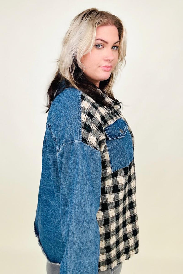 Cotton Bleu Brushed Plaid Denim Jacket