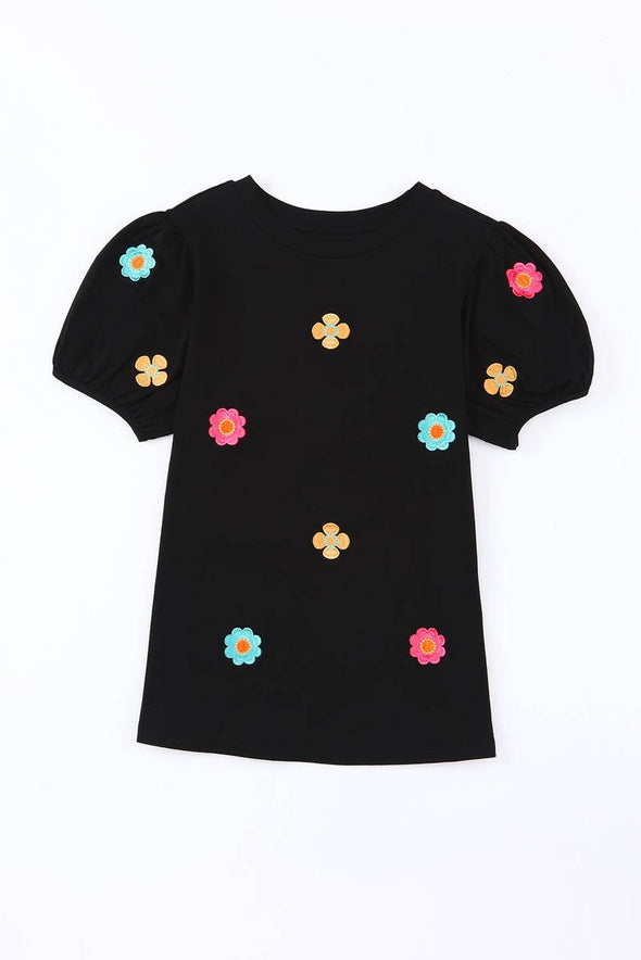 Embroidered Floral Puff Sleeve Tee