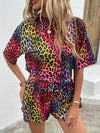 Leopard Round Neck Dropped Shoulder Half Sleeve Top and Shorts Set