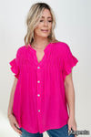 Cozy Co Woven Button Down Ruffle Sleeve Top