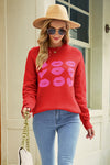 Contrast Lip Pattern Round Neck Slit Sweater