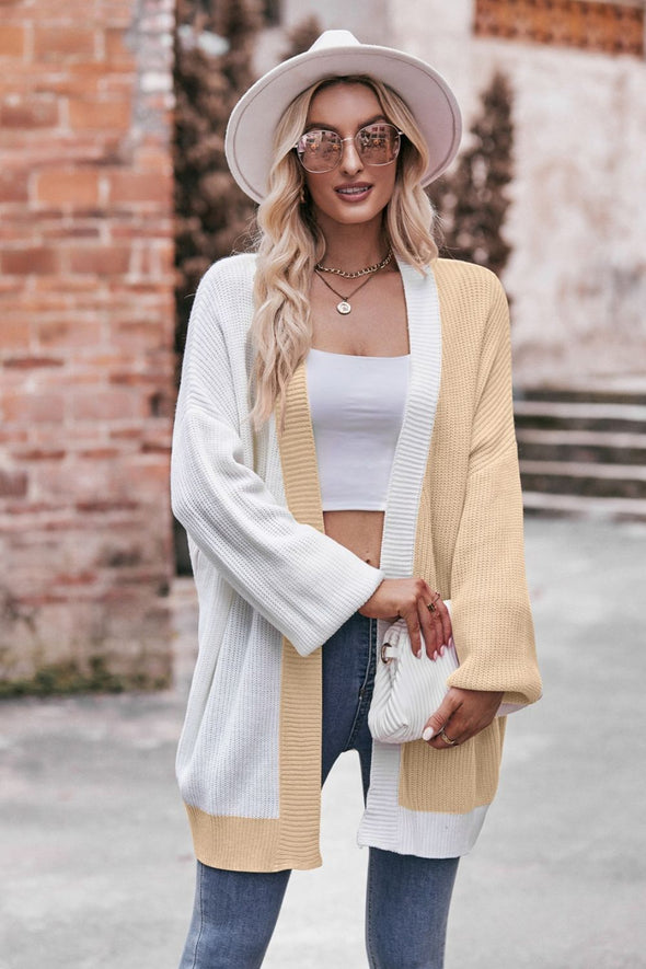 Contrast Open Front Dropped Shoulder Longline Cardigan