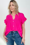 Cozy Co Woven Button Down Ruffle Sleeve Top