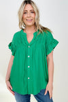 Cozy Co Woven Button Down Ruffle Sleeve Top