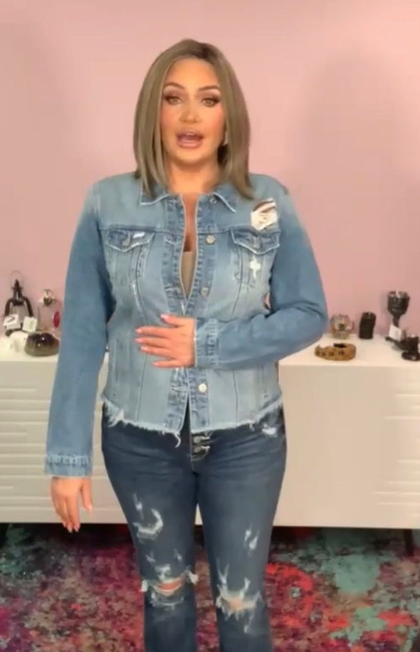 Zenana Going Apple Picking Full Size Distressed Denim Jacket ( Rachel's)