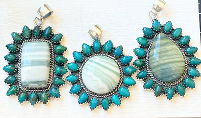 Sterling Silver Green Opal Chrysocolla Cluster Pendants