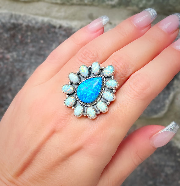 STERLING SILVER BLUE WHITE OPAL CLUSTER RINGS