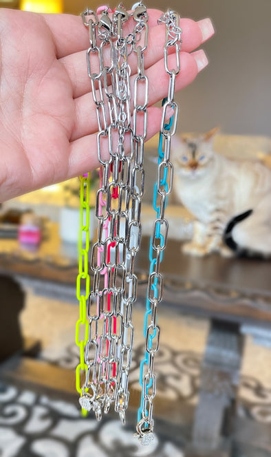 Pave Clasp Colored Paperclip Necklace