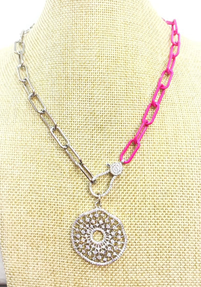 Pave Statement Charm Silver/Hot Pink Necklace