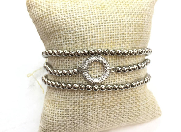 Pave Hematite Beaded Circle Crystal Stack Bracelets
