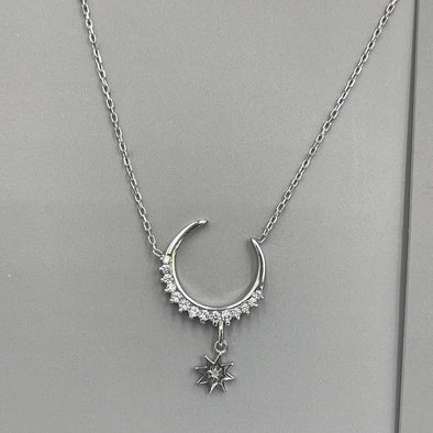 Sterling Silver Italian Crescent Star Necklace