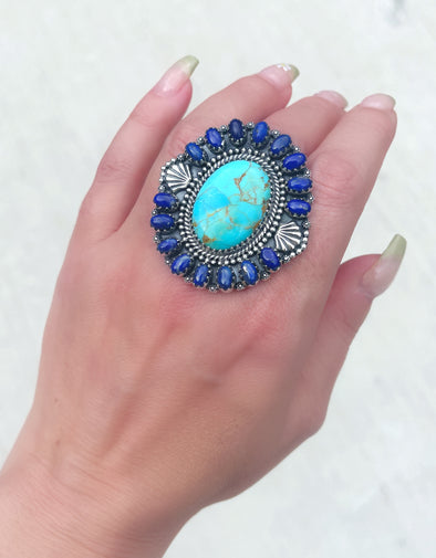Sterling Silver Turquoise Lapis Artisan Cluster Ring