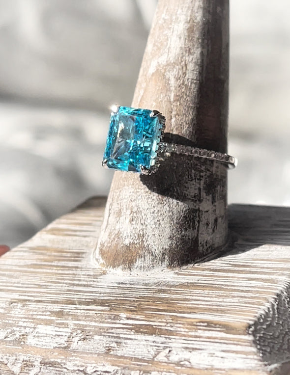 Sterling Silver Crystal Blue Pave Ring