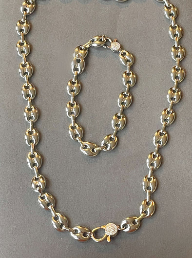 Silver Chunky Chain Necklace Pave Clasp