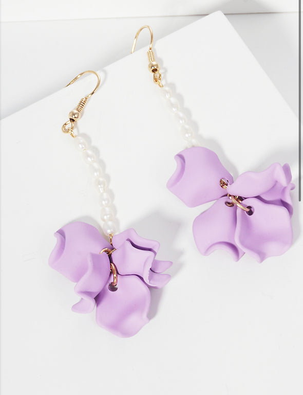 Glass Pearl Fish Hook Dangle Drop Earrings with Petals