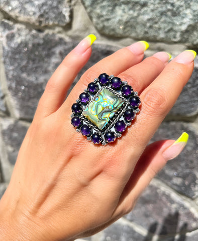 Sterling Silver Abalone Amethyst Medium Square Cluster Ring