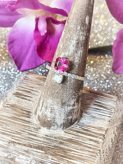 Sterling Silver Hot Pink/CZ Double Stone Ring