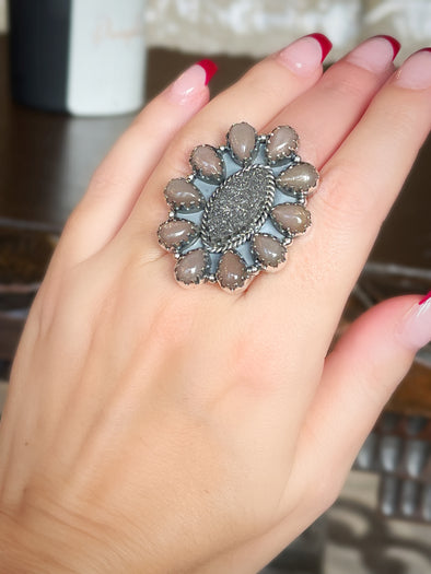 Sterling Silver Druzy/Moonstone Mini Cluster Ring