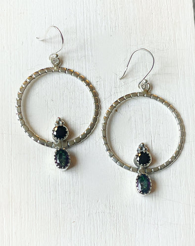 Sterling Silver Mystic Onyx Artisan Hoop Earrings