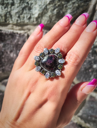 Sterling Silver Eudialyte With White Topaz Peridot Mini Cluster Rings